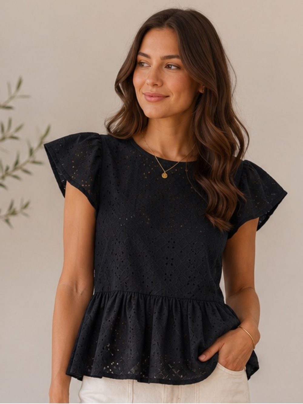 Women's Black Eyelet Top with Peplum waist  — Classic Everyday Fit